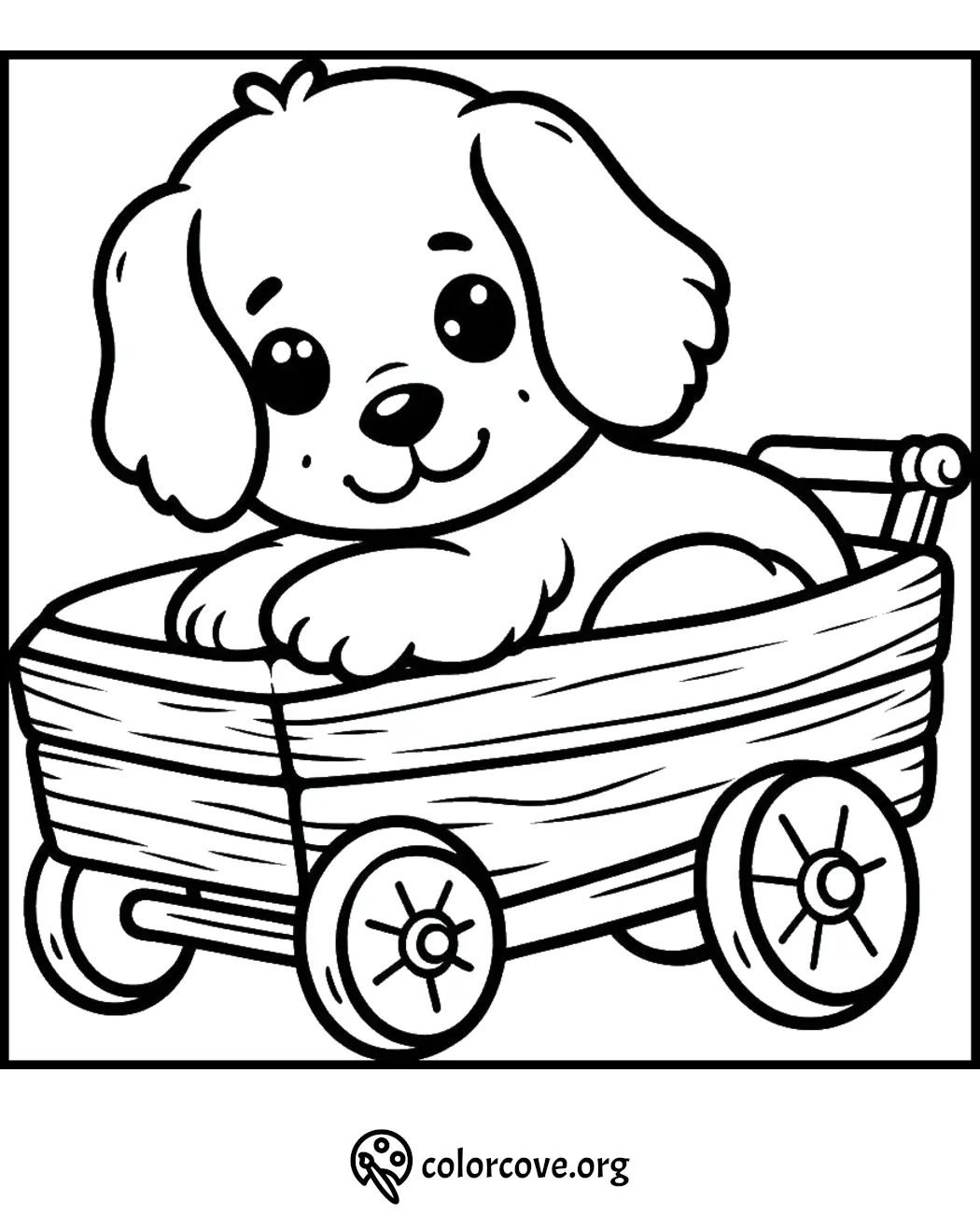 Cute puppy in a wagon coloring page, perfect for kids to enjoy and get creative with coloring.