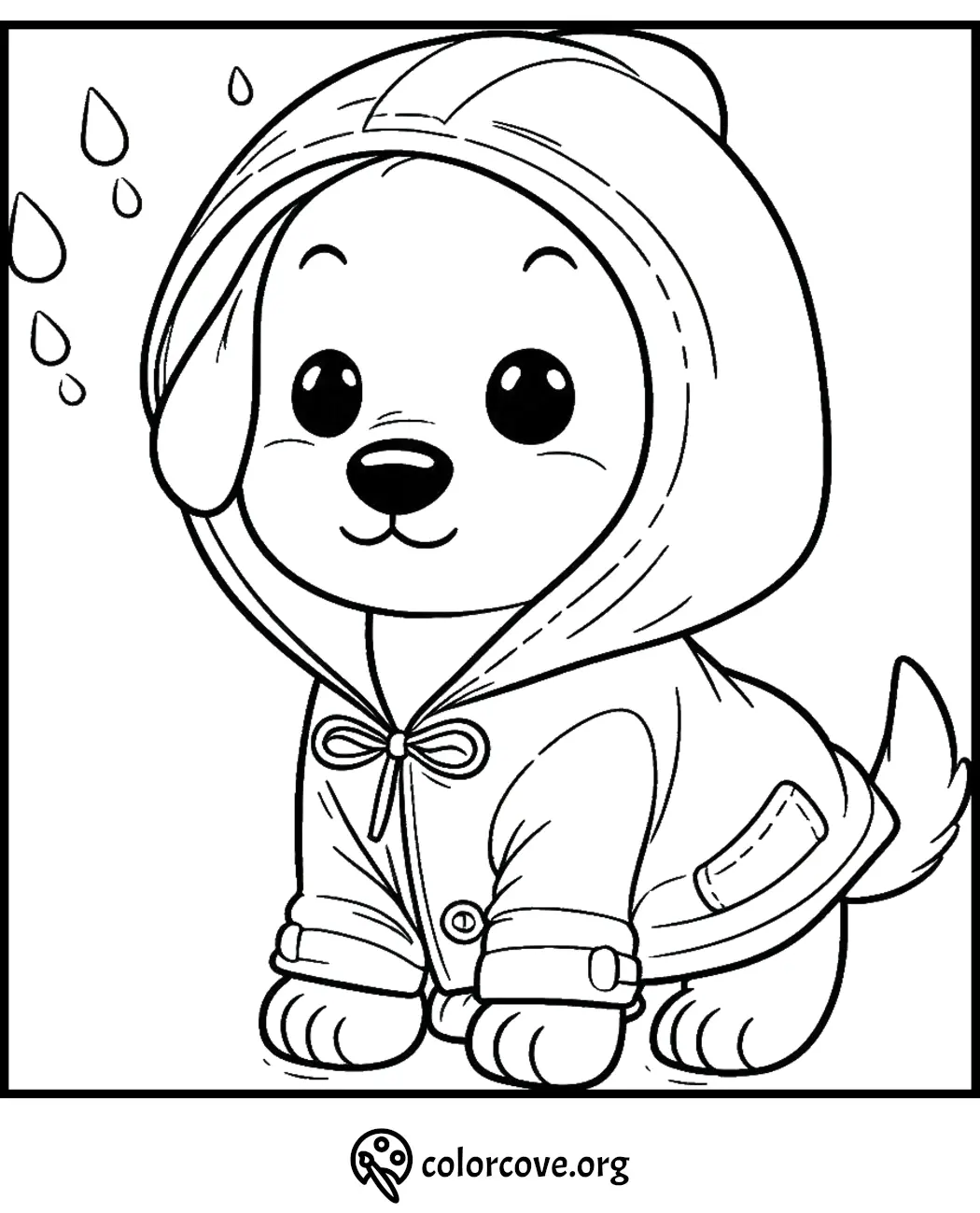 Adorable puppy in raincoat coloring page with raindrops, perfect for kids' crafts and creativity.