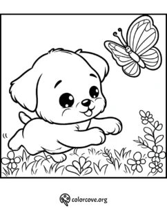 Cute puppy chasing a butterfly in a field, black and white coloring page. Perfect for kids' creative activities.