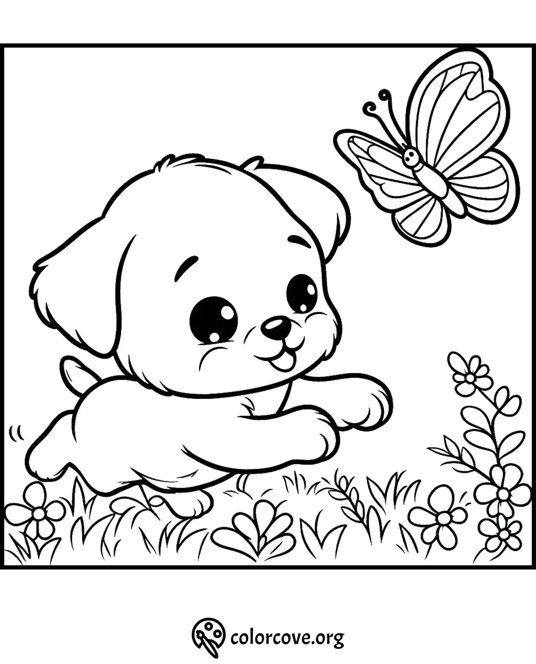 Cute puppy chasing a butterfly in a field, black and white coloring page. Perfect for kids' creative activities.