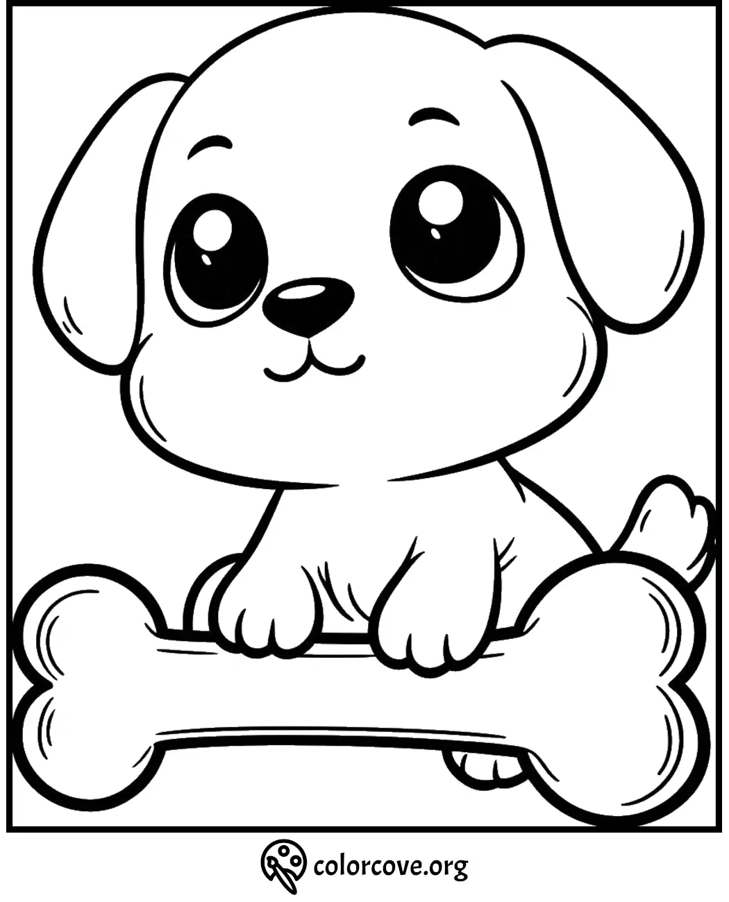 Cute puppy with big eyes and a bone coloring page for kids. Fun and engaging coloring activity.