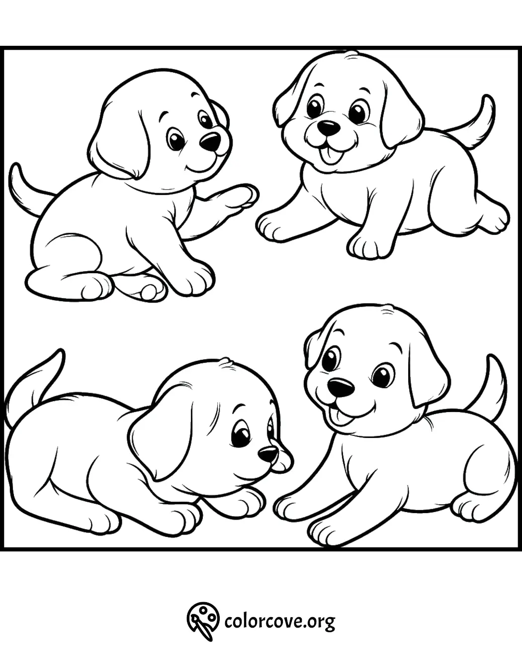 Cute puppies coloring page for kids. Printable black-and-white puppy illustrations for fun coloring activities.