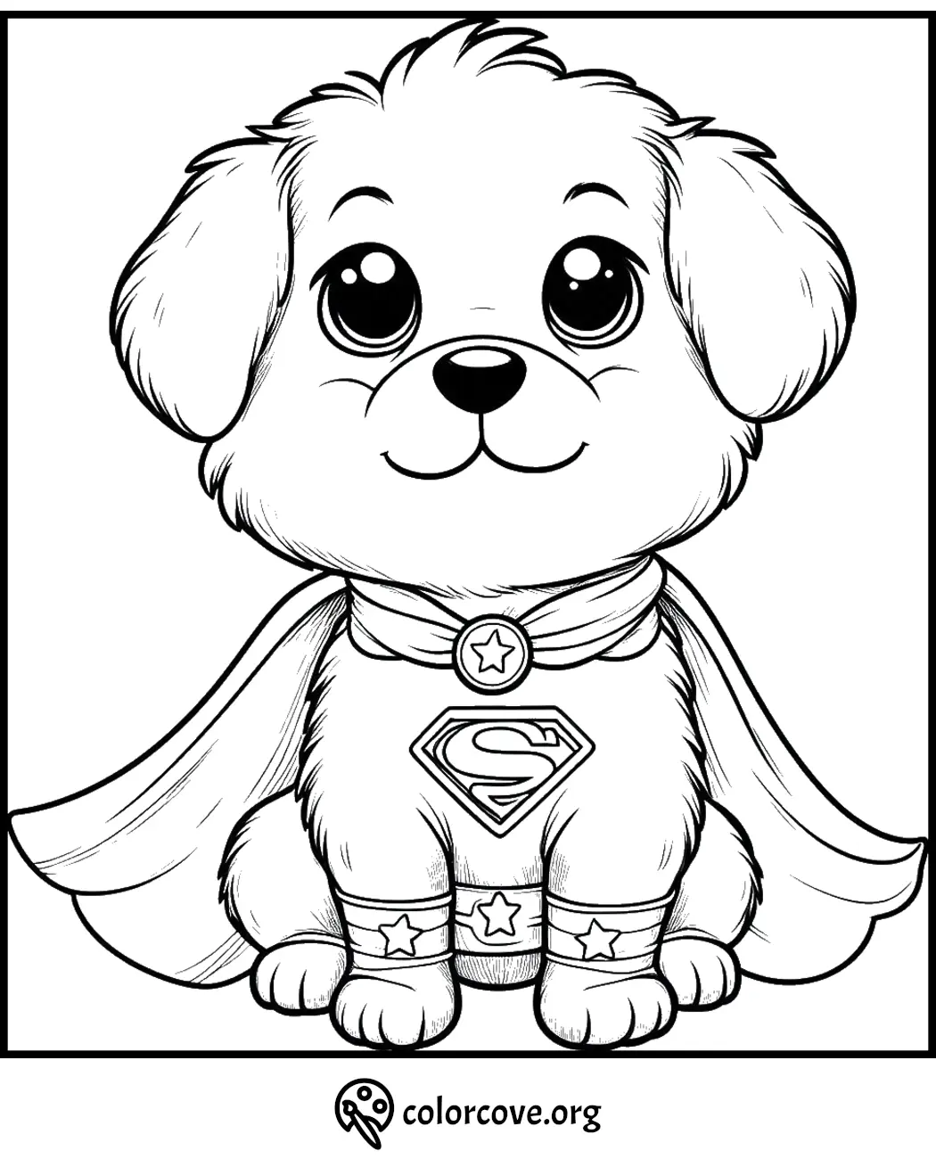 Superhero puppy coloring page with cape and emblem for kids' fun and creativity. Printable activity from ColorCove.