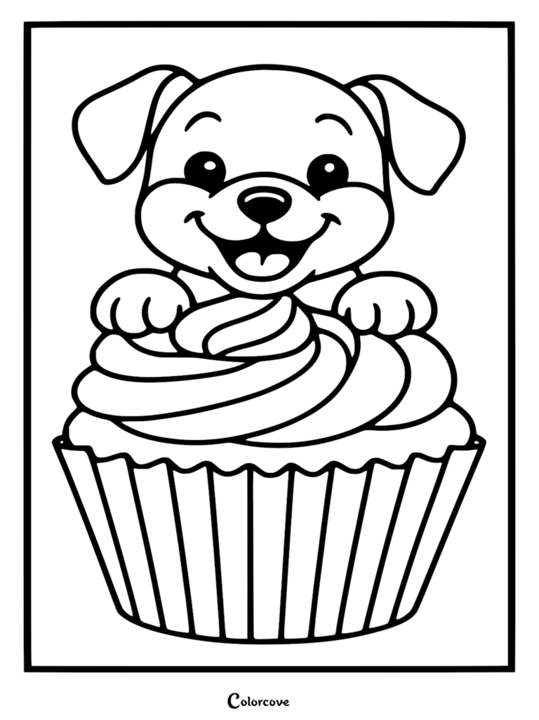 A happy puppy with floppy ears sitting inside a large frosted cupcake, line art coloring page.