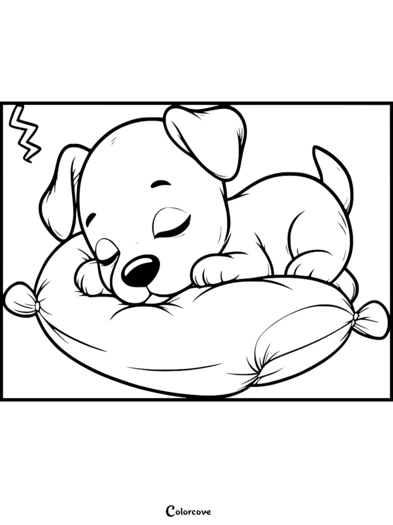 A cute puppy sleeping peacefully on a soft, tied-end pillow in this printable coloring page.