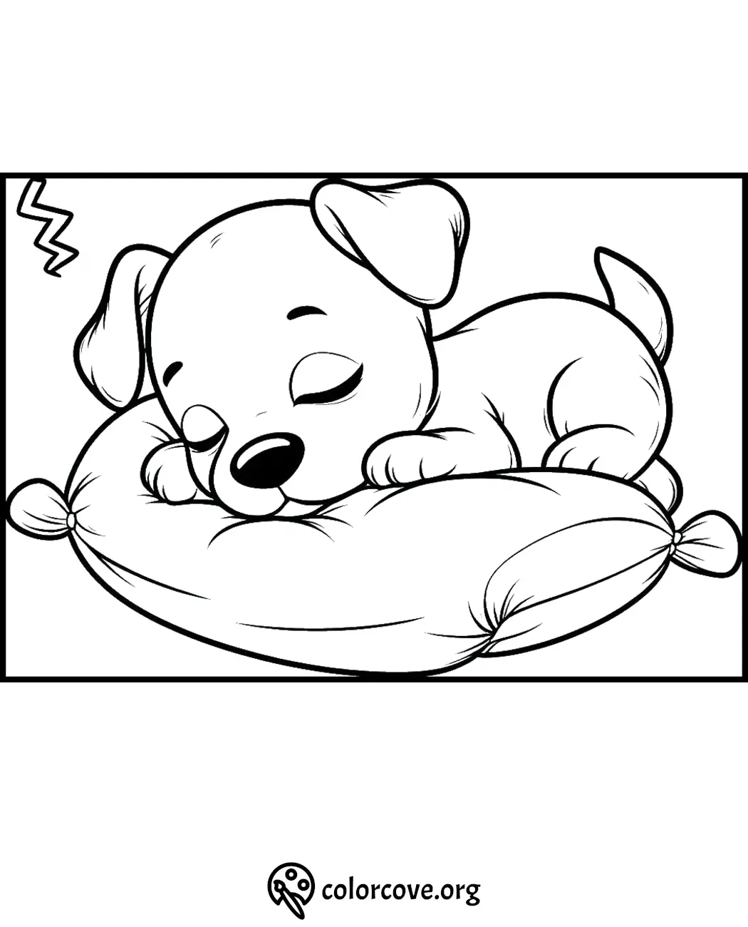 Cute puppy sleeping on pillow coloring page for kids - perfect for creativity and fun activities.