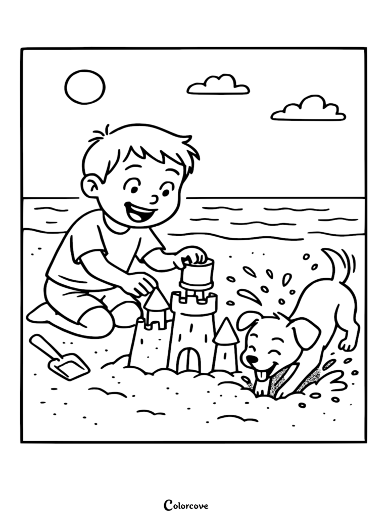 A happy boy building a sandcastle on the beach with a cute puppy digging in the sand, printable coloring page.