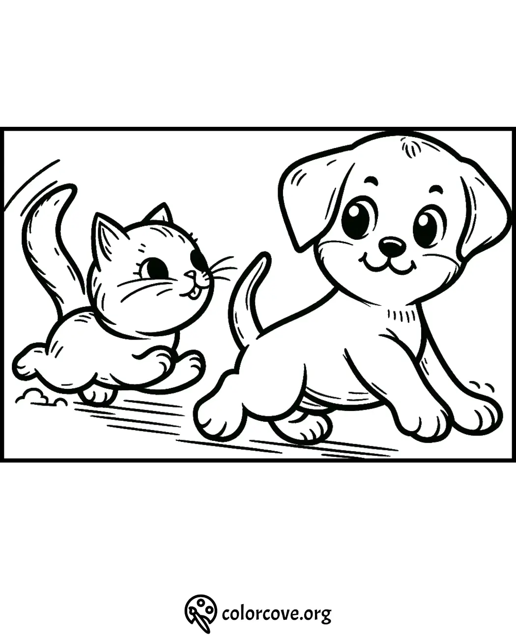 Coloring page of a playful kitten and puppy running together, perfect for kids' creative activities.