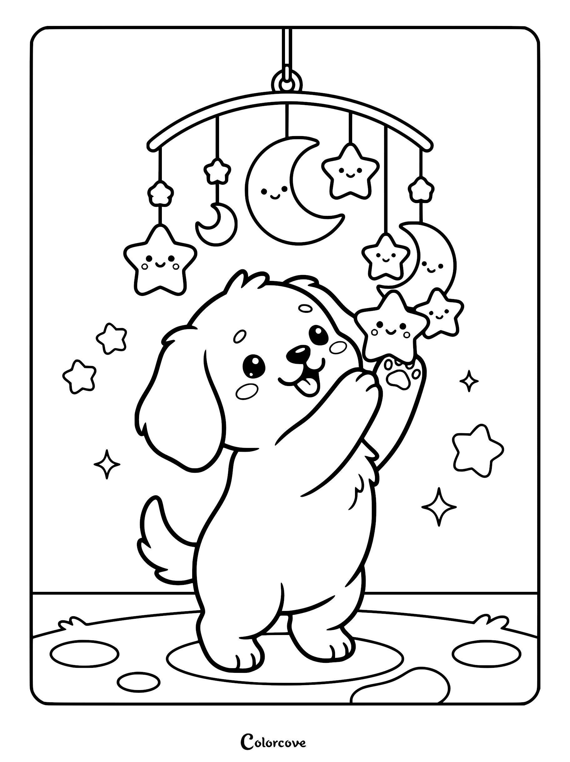 A cute puppy standing on hind legs reaching for a hanging nursery mobile with smiling stars and moons in this printable coloring page.