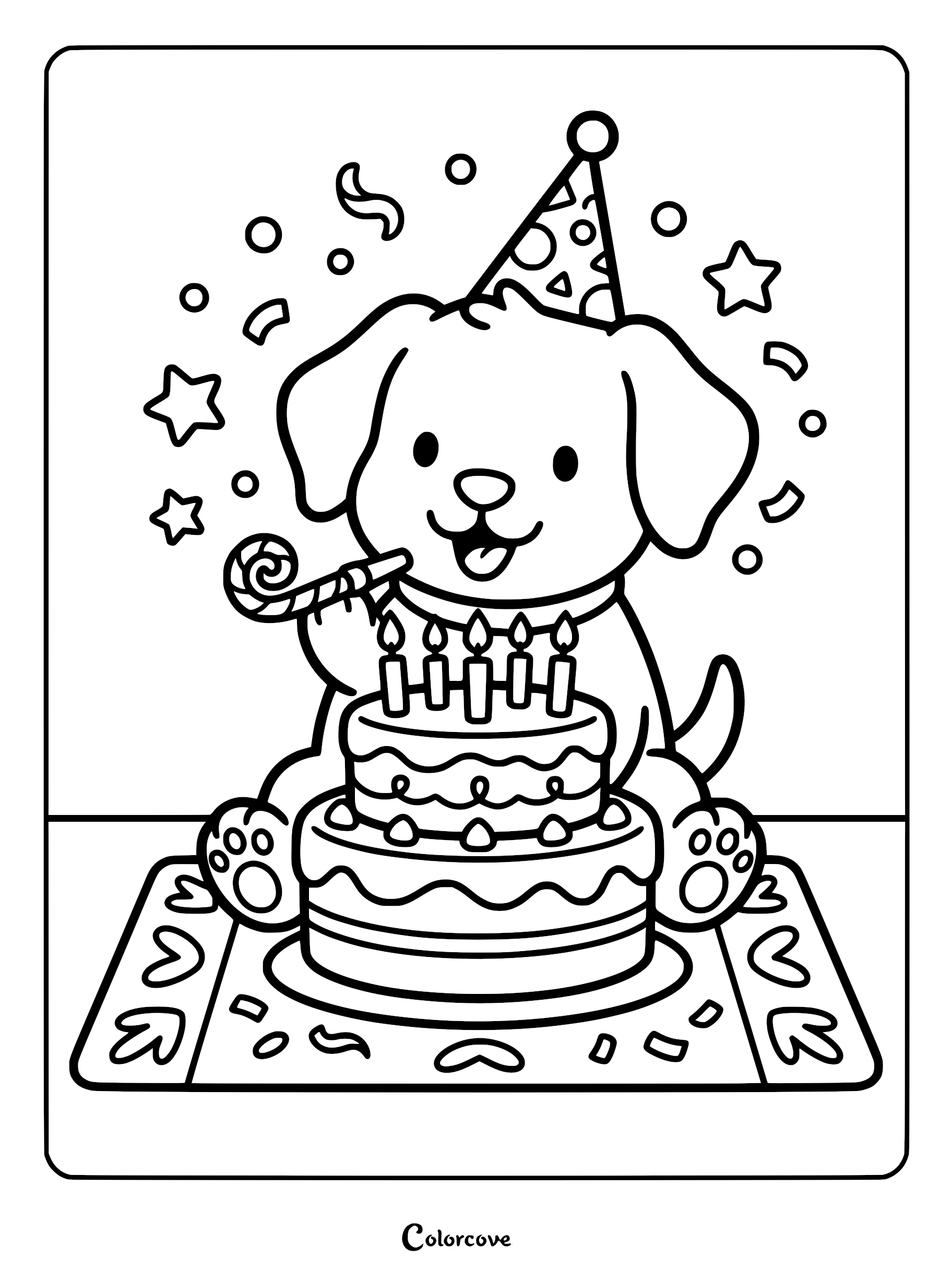 A cute puppy wearing a party hat and blowing a party horn next to a birthday cake, coloring page.