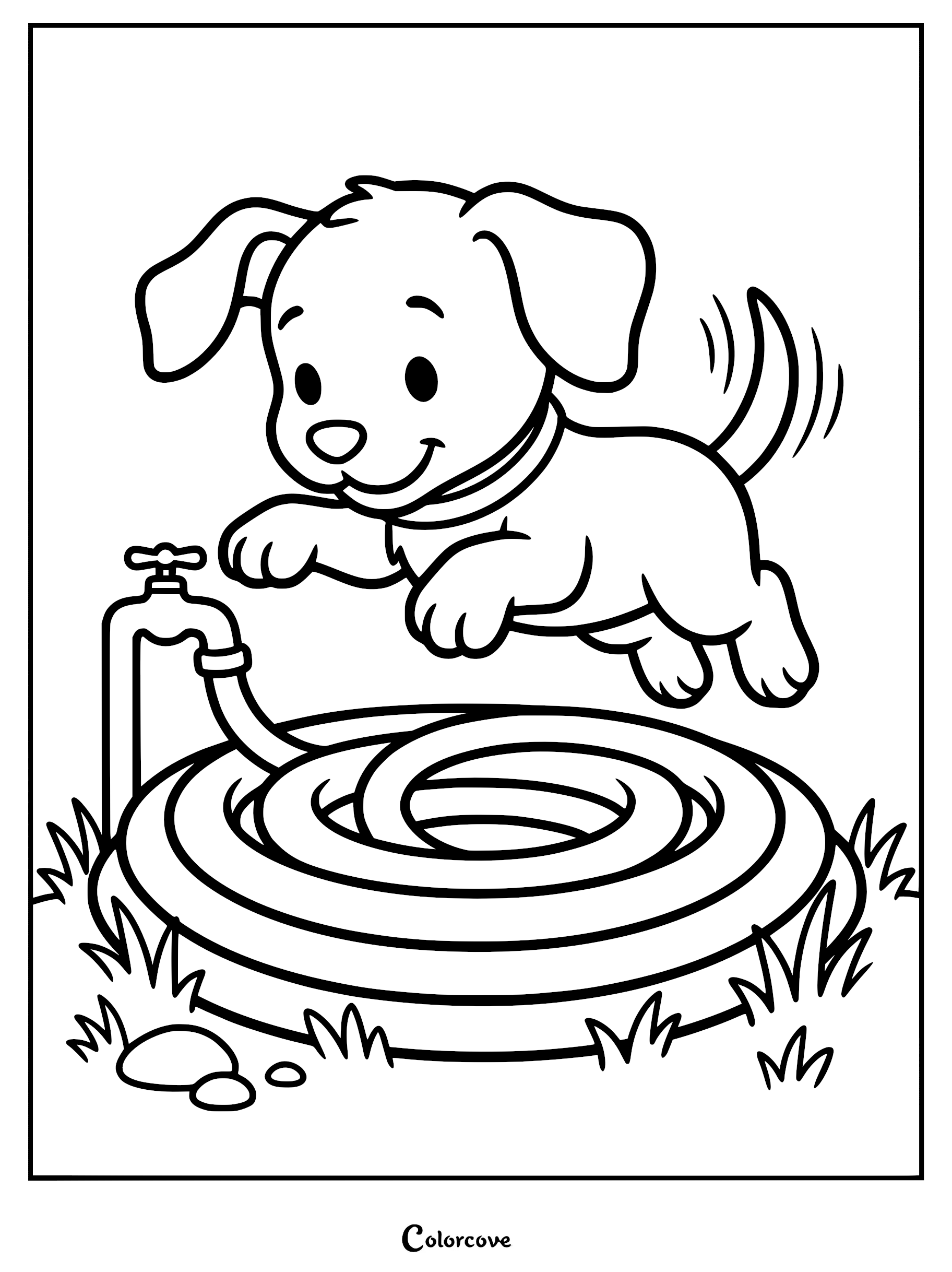 A cute puppy jumping over a coiled garden hose attached to a spigot in this printable coloring page.