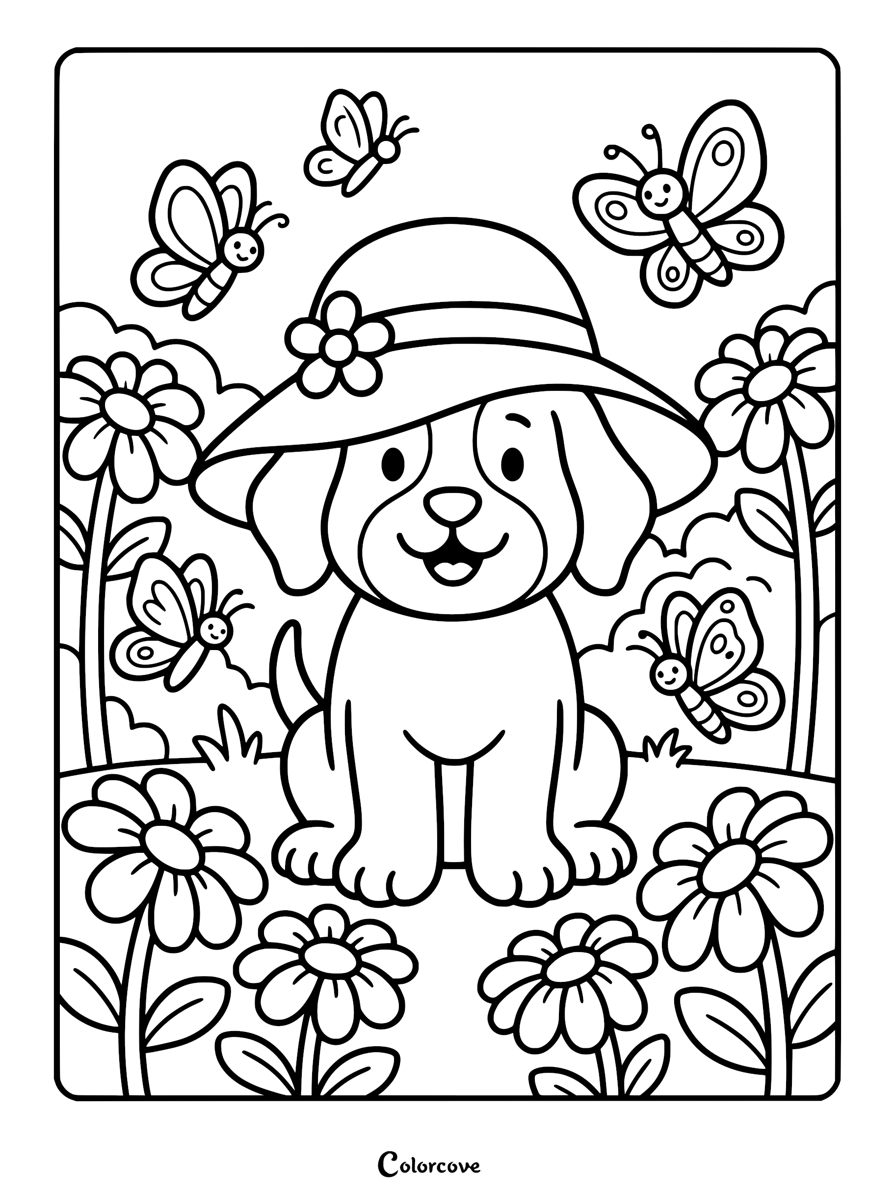 A cute puppy wearing a flower-adorned sun hat sitting in a garden with butterflies and daisies, printable coloring page.