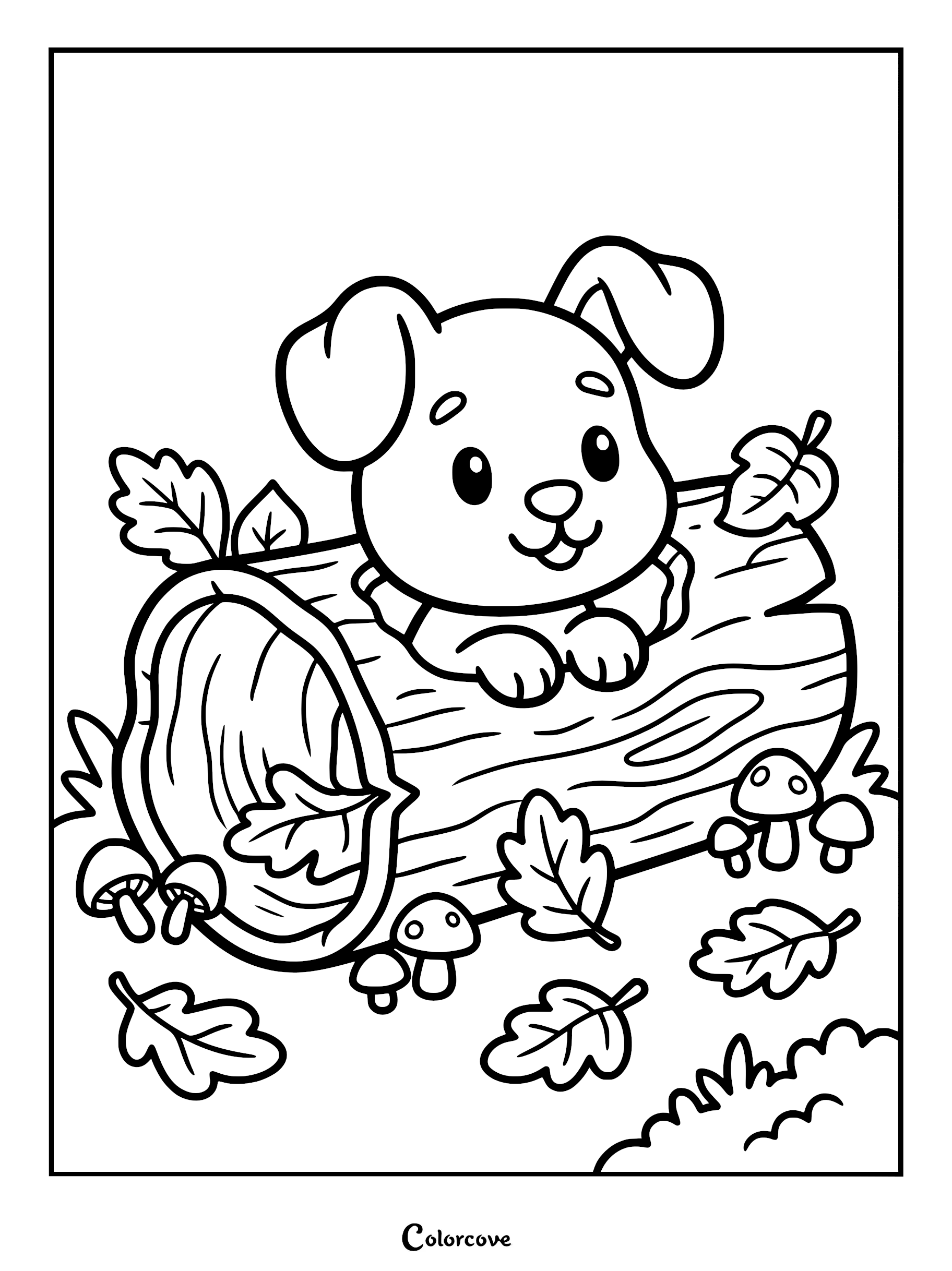 A cute puppy peeking out from a hollow log surrounded by autumn leaves and mushrooms in this printable coloring page.