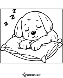 Cute puppy sleeping on a pillow coloring page, perfect for kids' creative activities and relaxation.