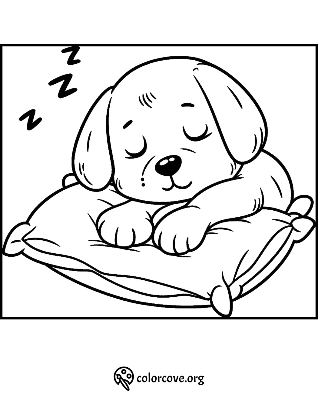 Cute puppy sleeping on a pillow coloring page, perfect for kids' creative activities and relaxation.