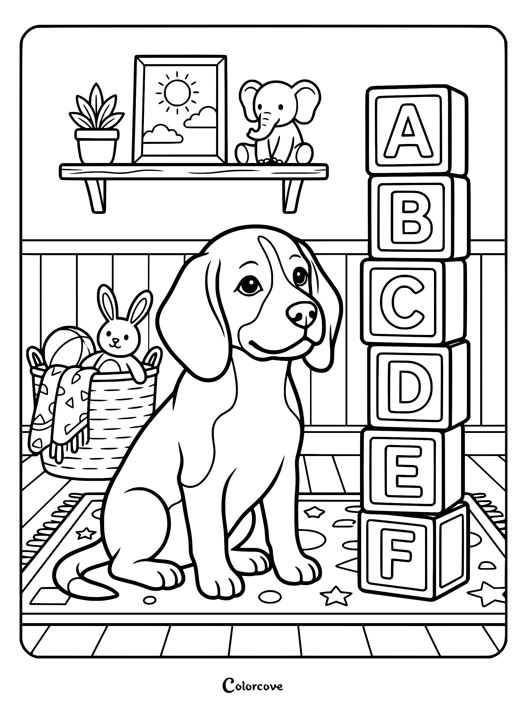 A cute beagle puppy sitting on a star-patterned rug next to a tall stack of alphabet blocks in a nursery coloring page.