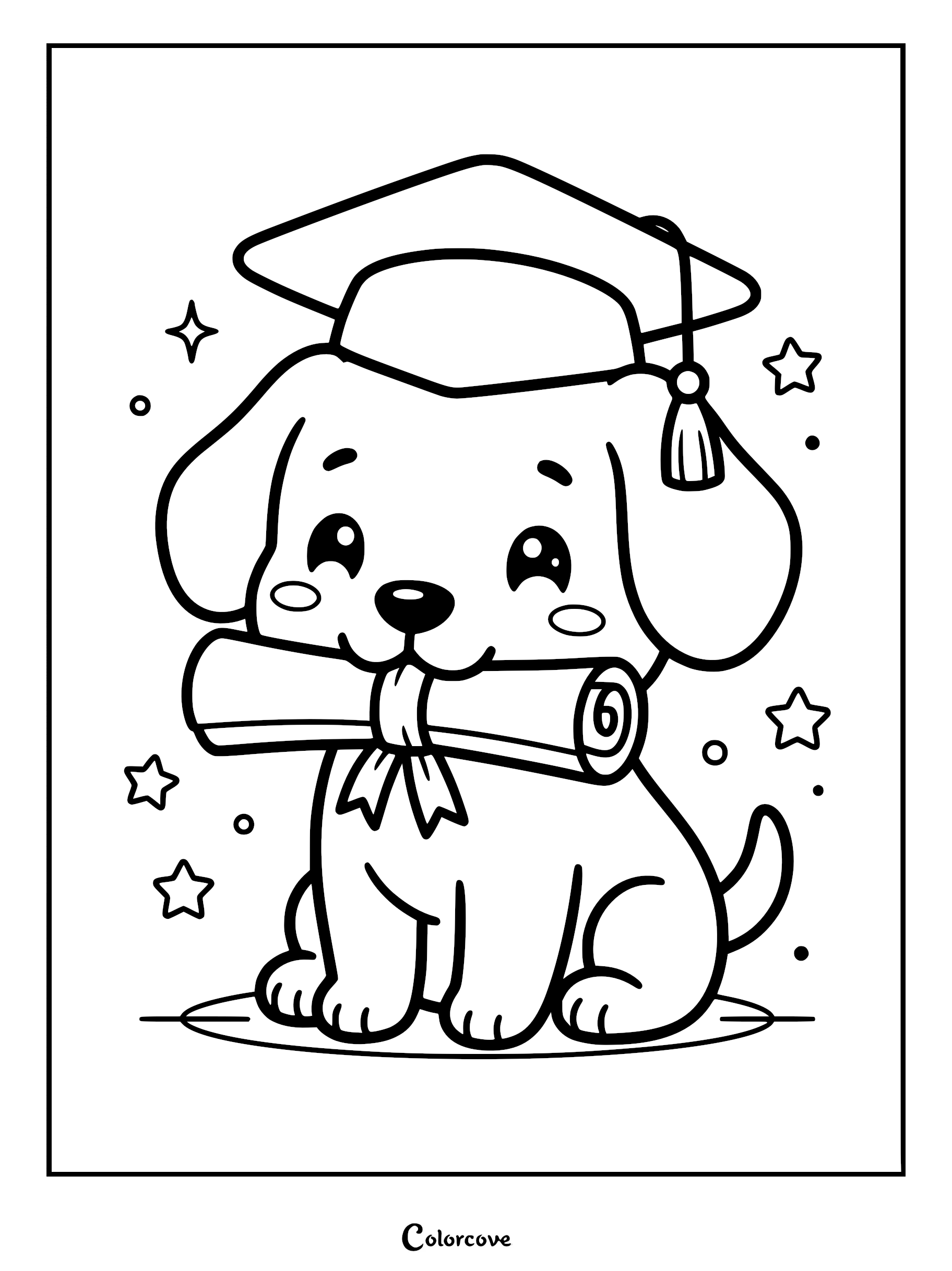 A cute puppy wearing a graduation cap and holding a diploma in its mouth, surrounded by stars, in a simple line art coloring page.