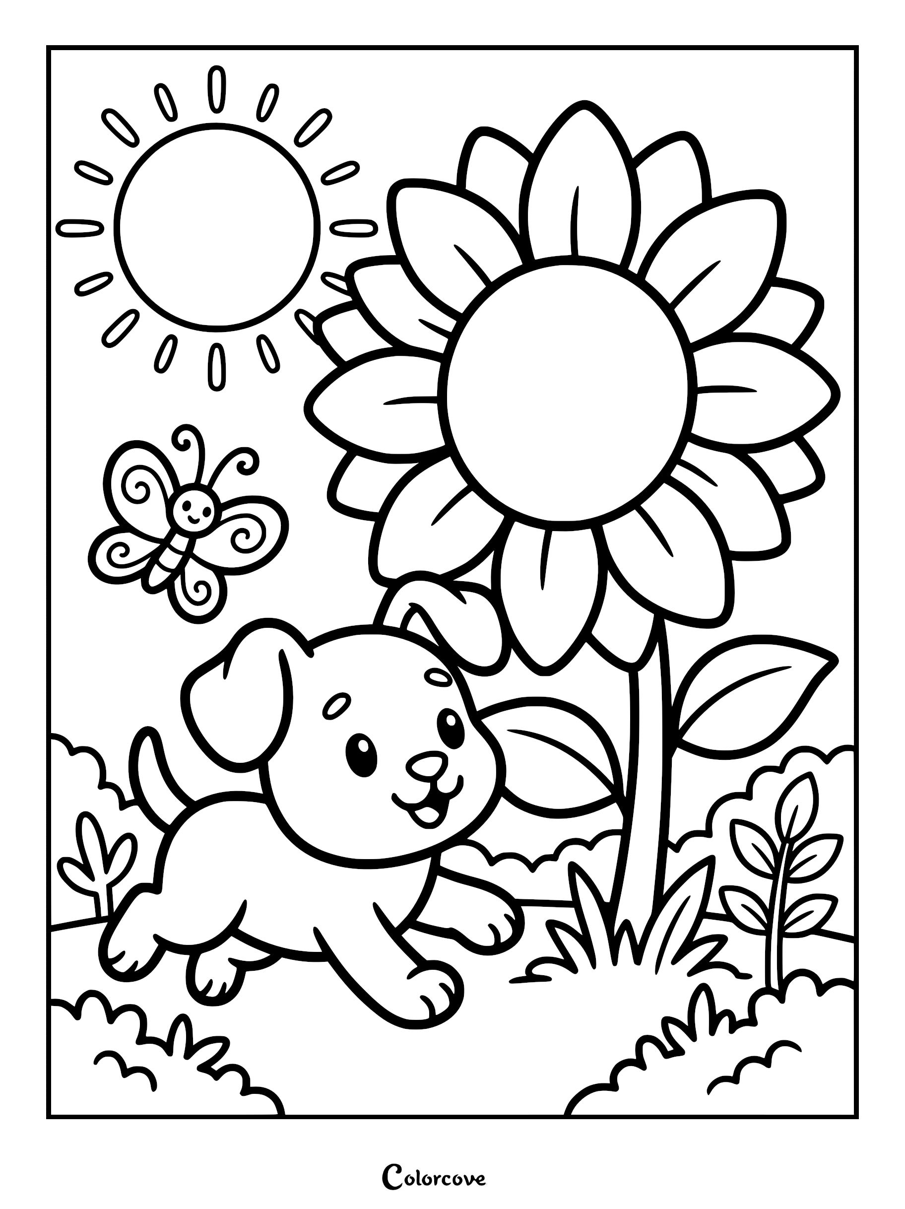 A cute puppy running near a large sunflower with a smiling butterfly and sun in this printable coloring page.
