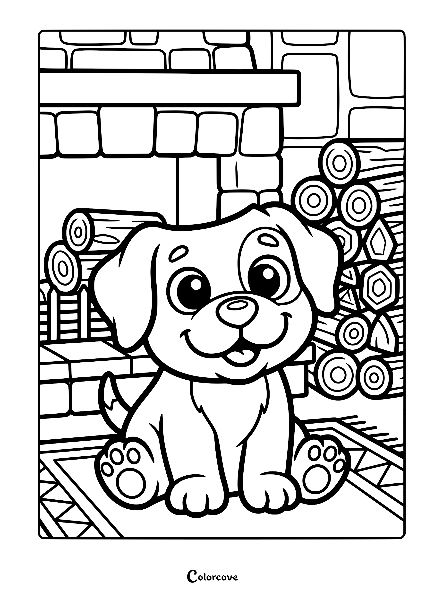 A cute puppy sitting on a rug in front of a brick fireplace with a stack of firewood, printable coloring page.