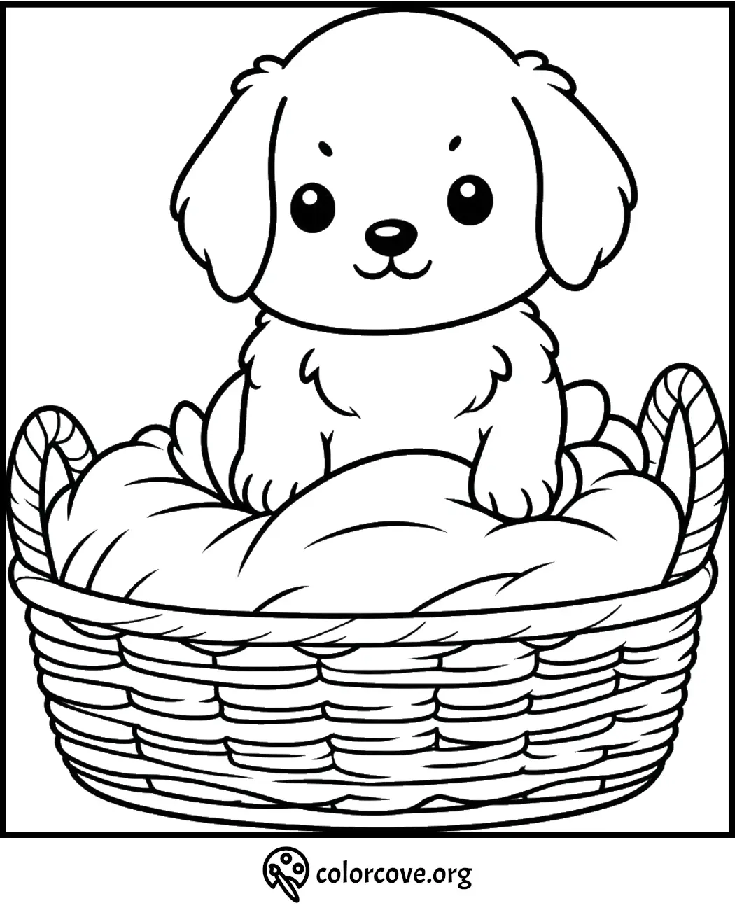 Cute puppy sitting in a basket coloring page for kids to print and color.