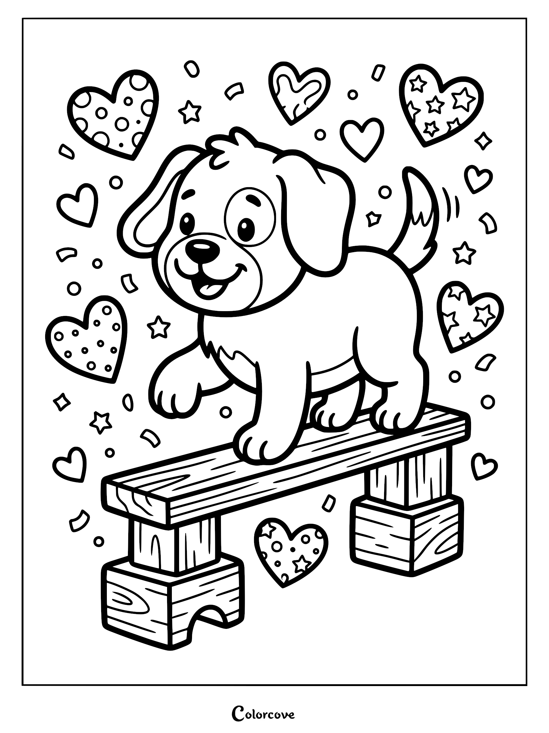 A happy puppy balancing on a wooden bench surrounded by floating hearts and stars in this cute puppy coloring page.