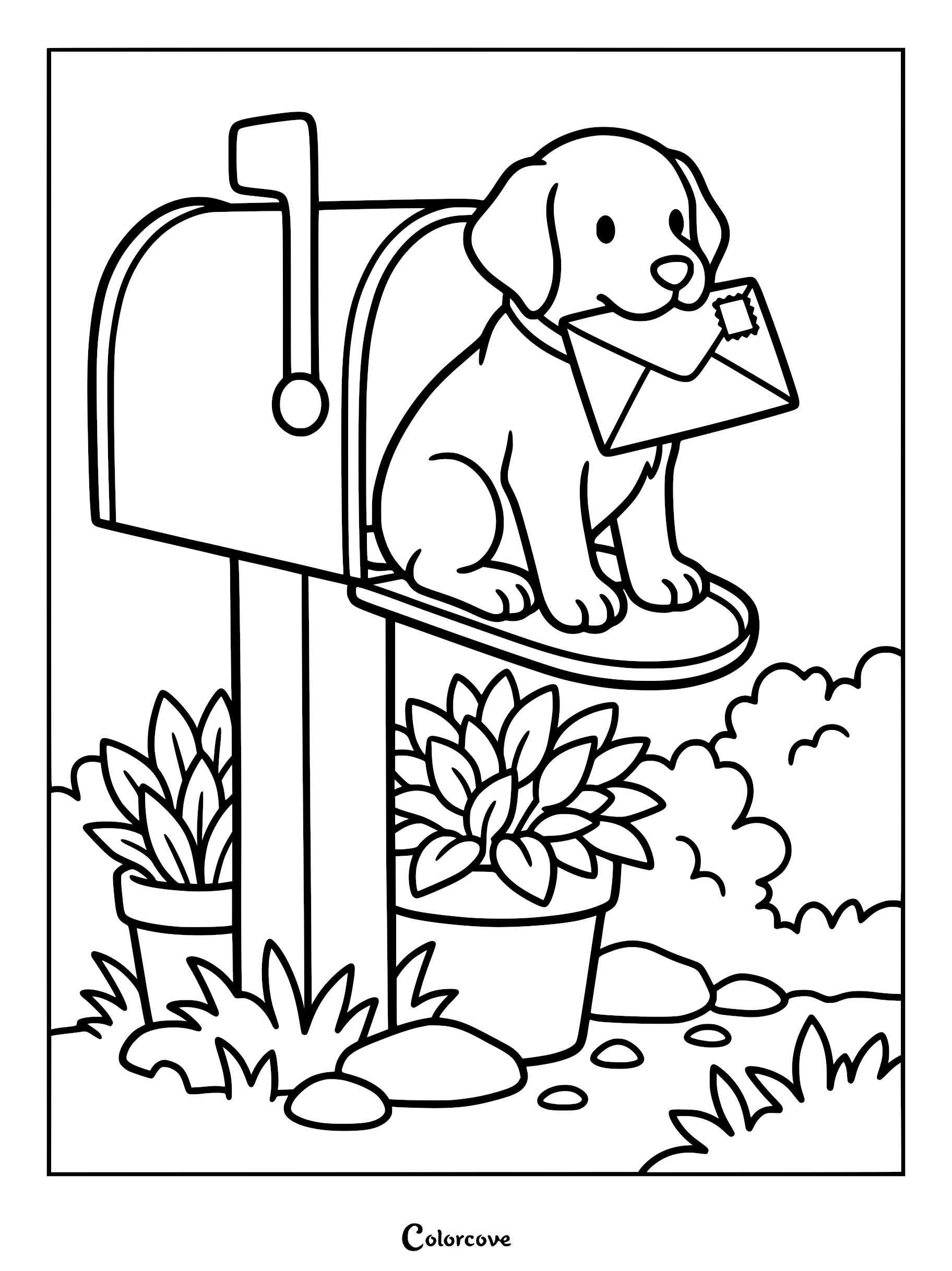 A cute puppy sitting inside a mailbox holding a letter in its mouth, featured in a printable coloring page with potted plants.