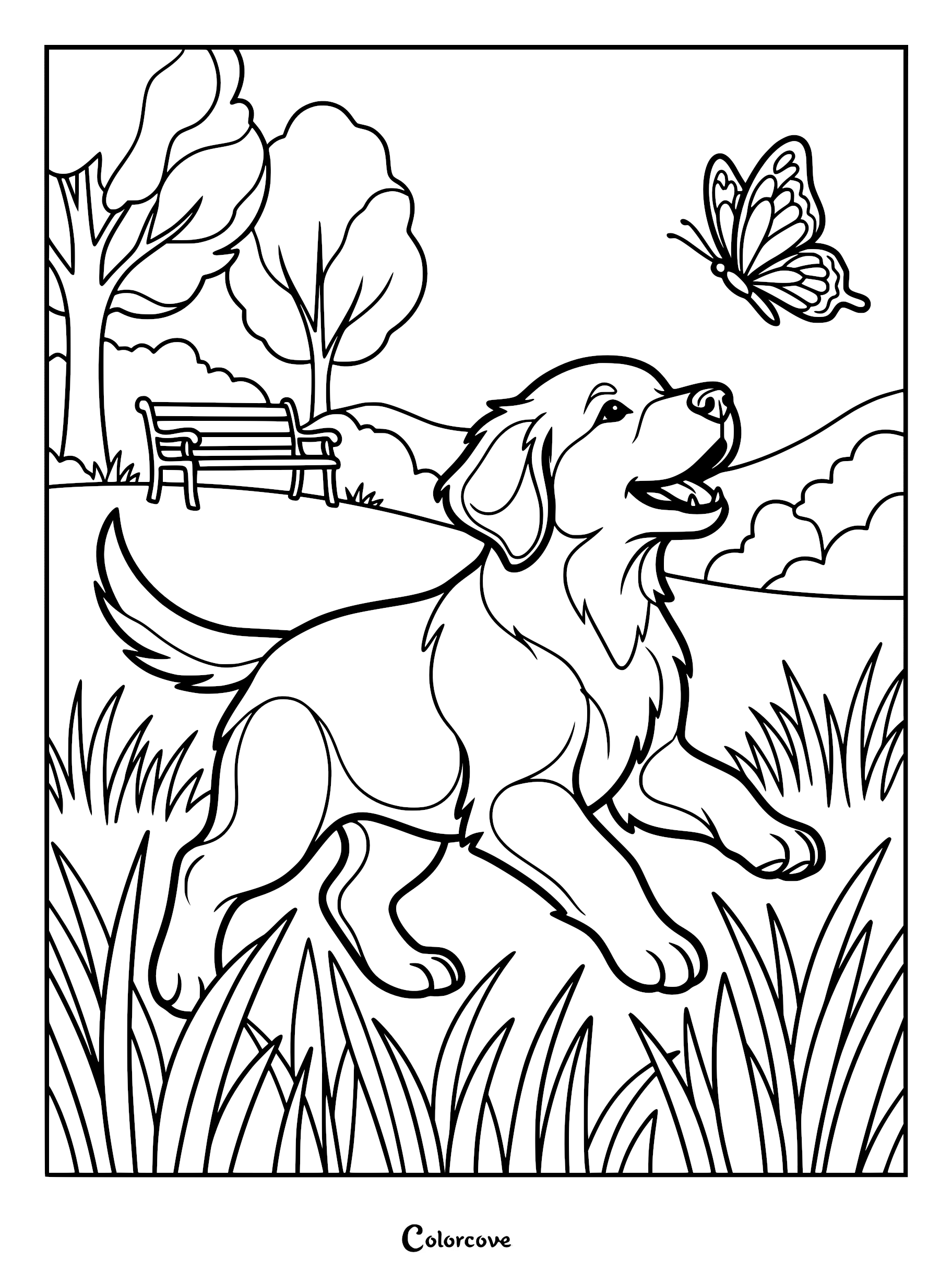 A happy golden retriever puppy chasing a butterfly in a park, printable coloring page featuring trees and a bench.
