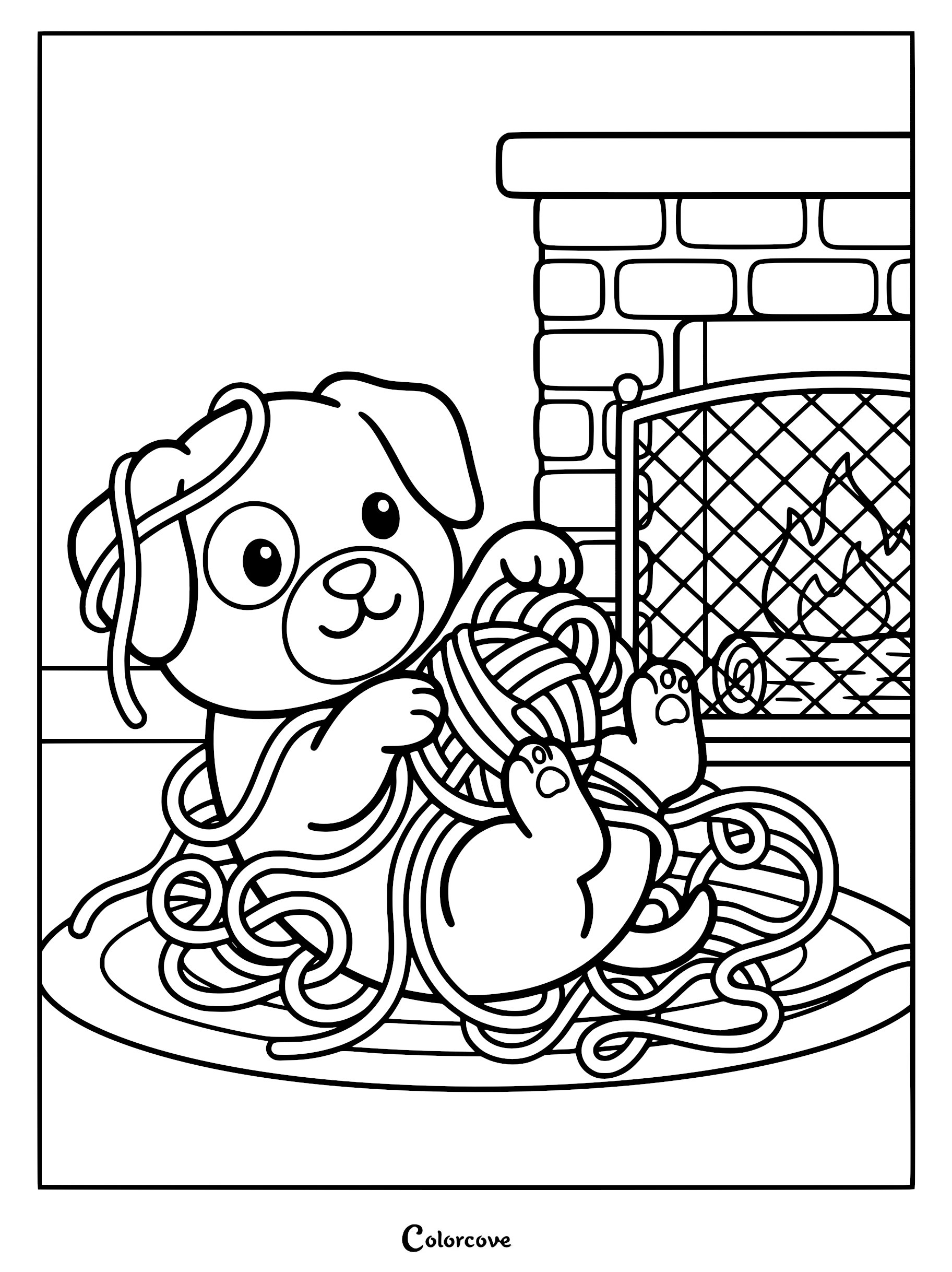 A cute puppy tangled in a ball of yarn by a fireplace, printable coloring page.