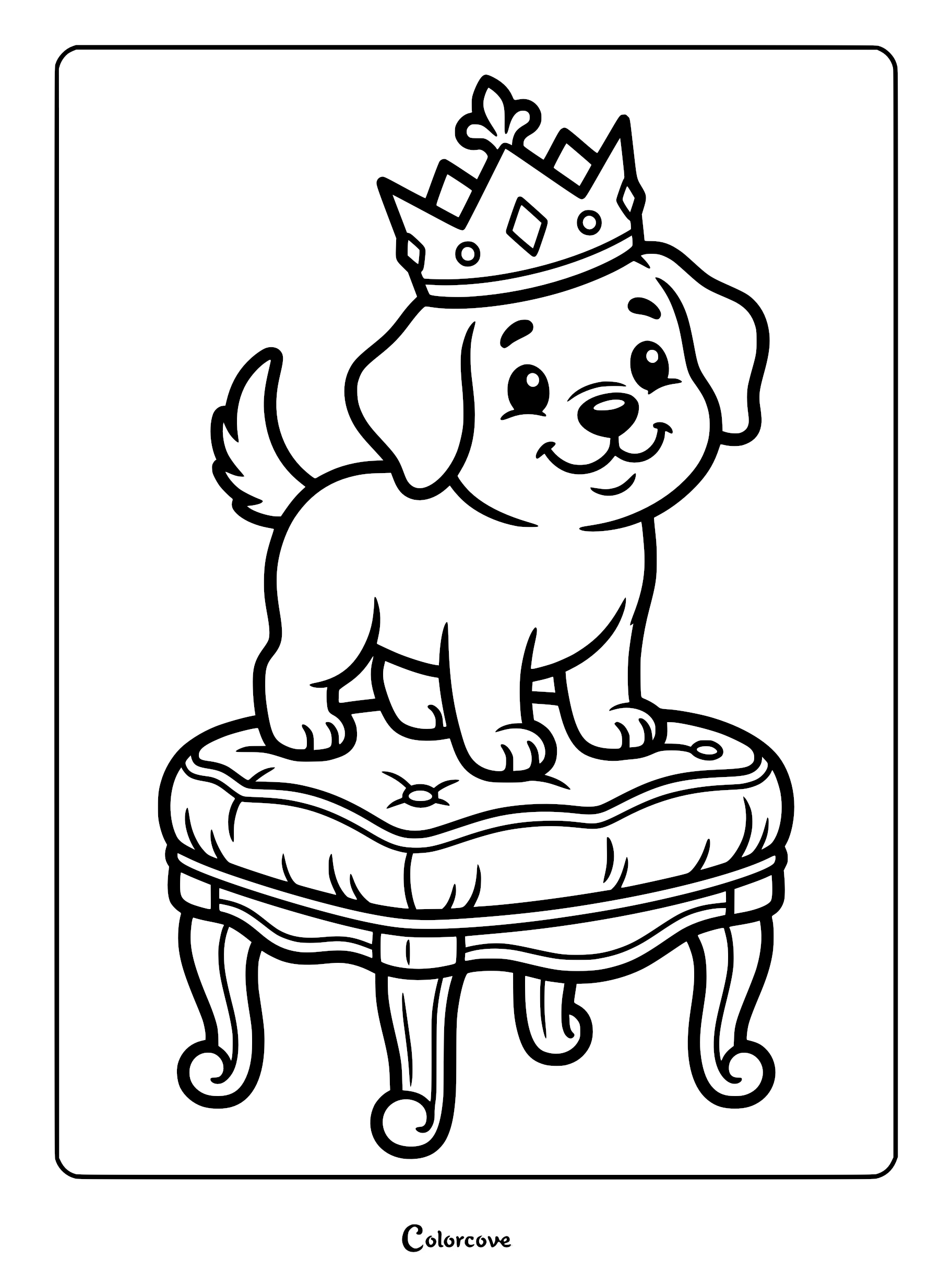 A cute puppy wearing a royal crown standing on an ornate tufted stool in this printable coloring page.