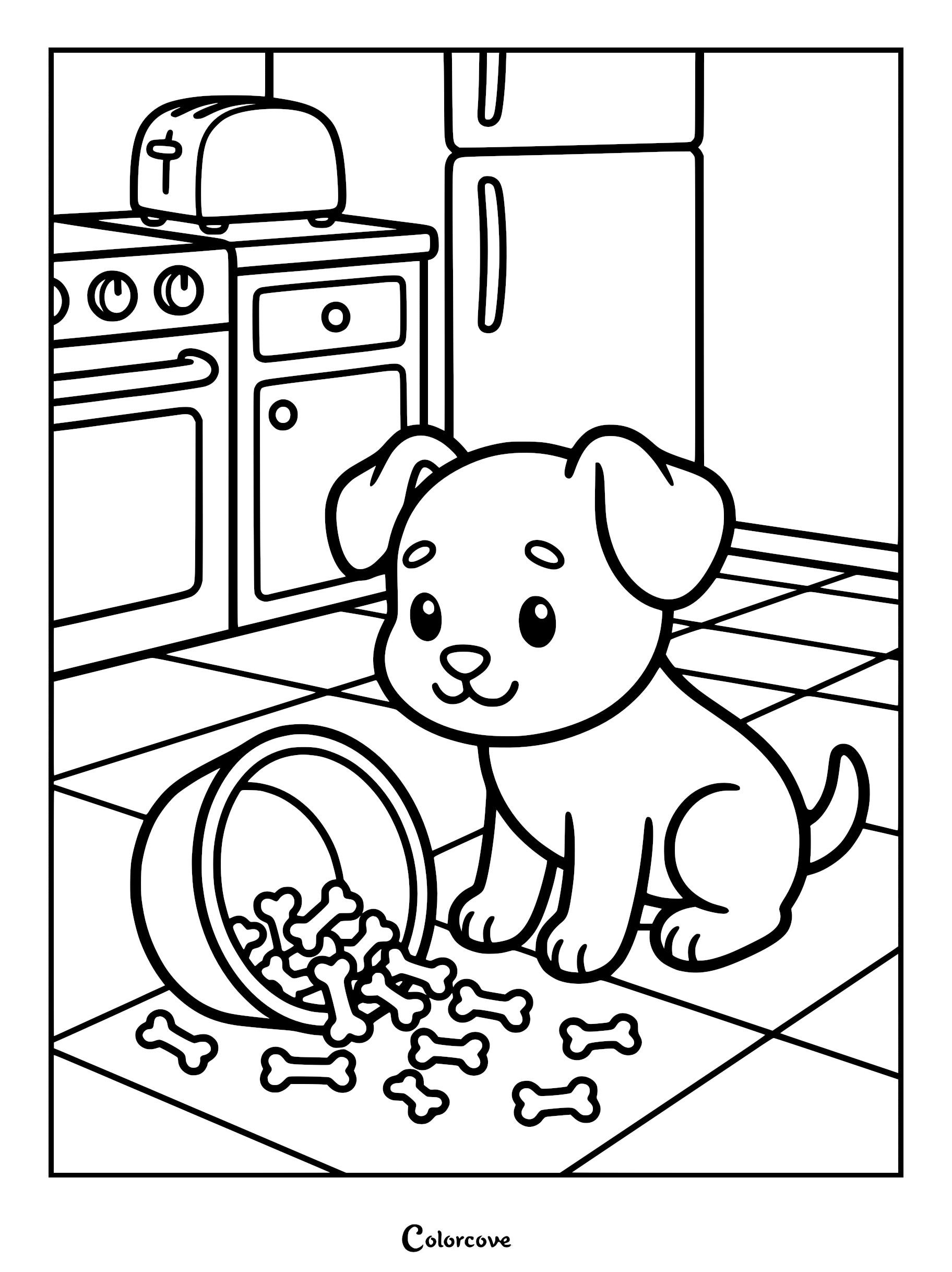 A cute puppy sitting on a kitchen floor next to an overturned bowl of spilled bone-shaped dog treats in this printable coloring page.