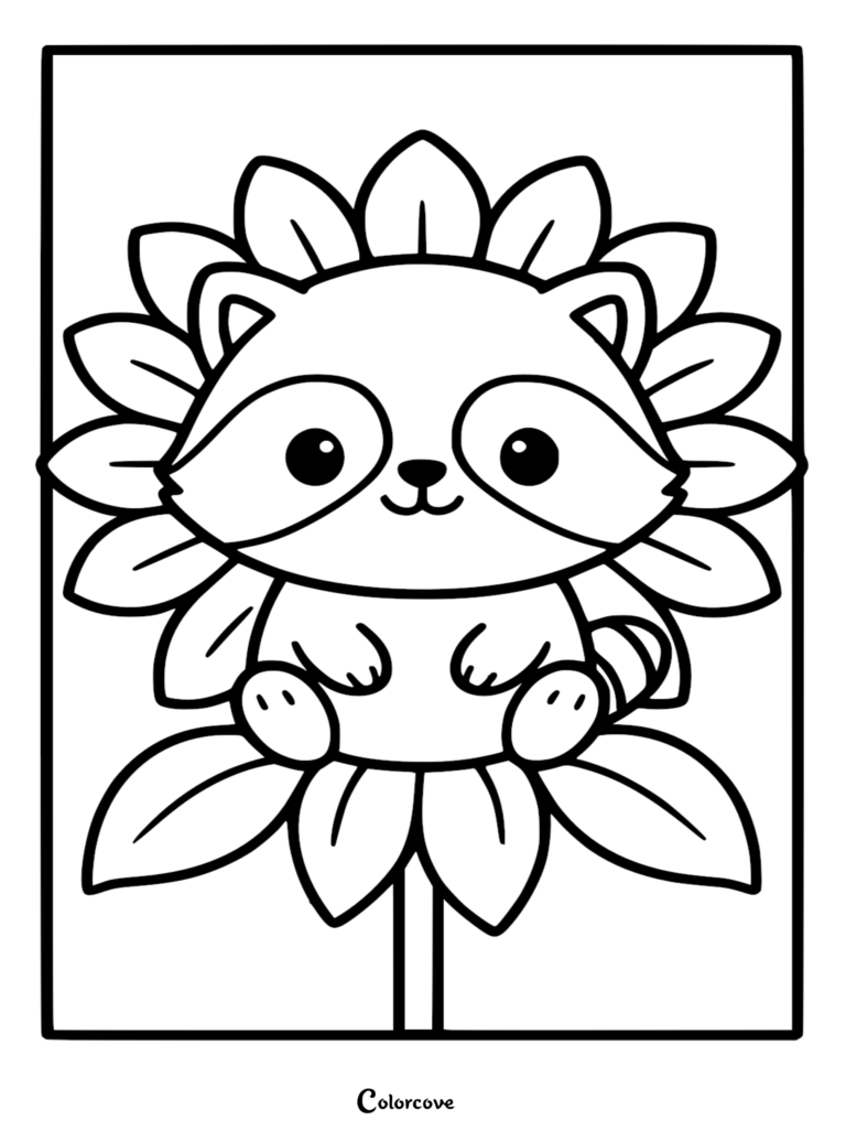 A simple line art coloring page of a cute cartoon raccoon with a mask sitting inside a large sunflower blossom.