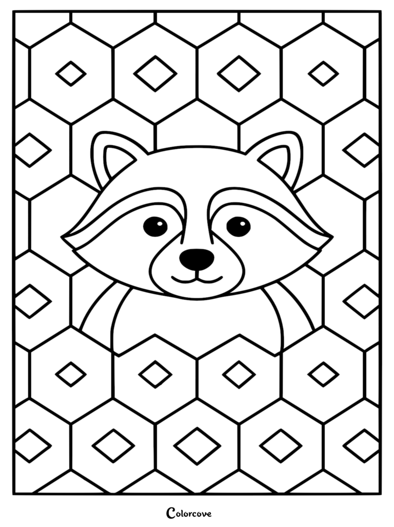 A detailed black and white coloring page of a smiling raccoon face centered within a pattern of hexagons and small diamonds.