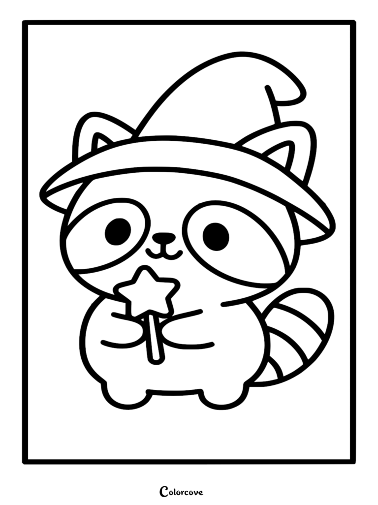 small raccoon wearing a wizard hat holds a star wand.