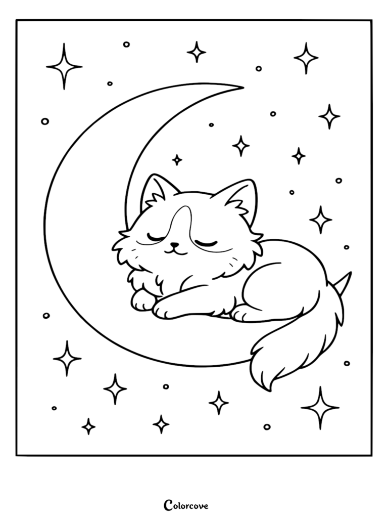 Un mignon chat Ragdoll dormant paisiblement sur un croissant de lune entouré d'étoiles sur cette page de coloriage gratuite à imprimer.