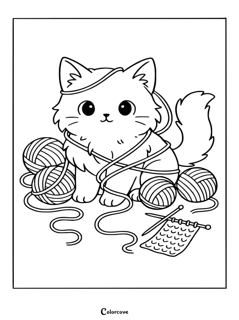 Mignon chat Ragdoll emmêlé dans des pelotes de laine, page de coloriage à imprimer.