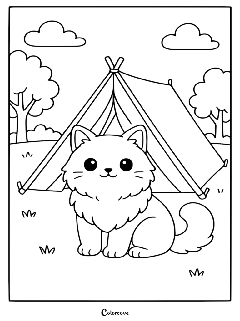Un mignon chat Ragdoll assis devant une tentes de camping dans un décor de forêt, page de coloriage à imprimer.