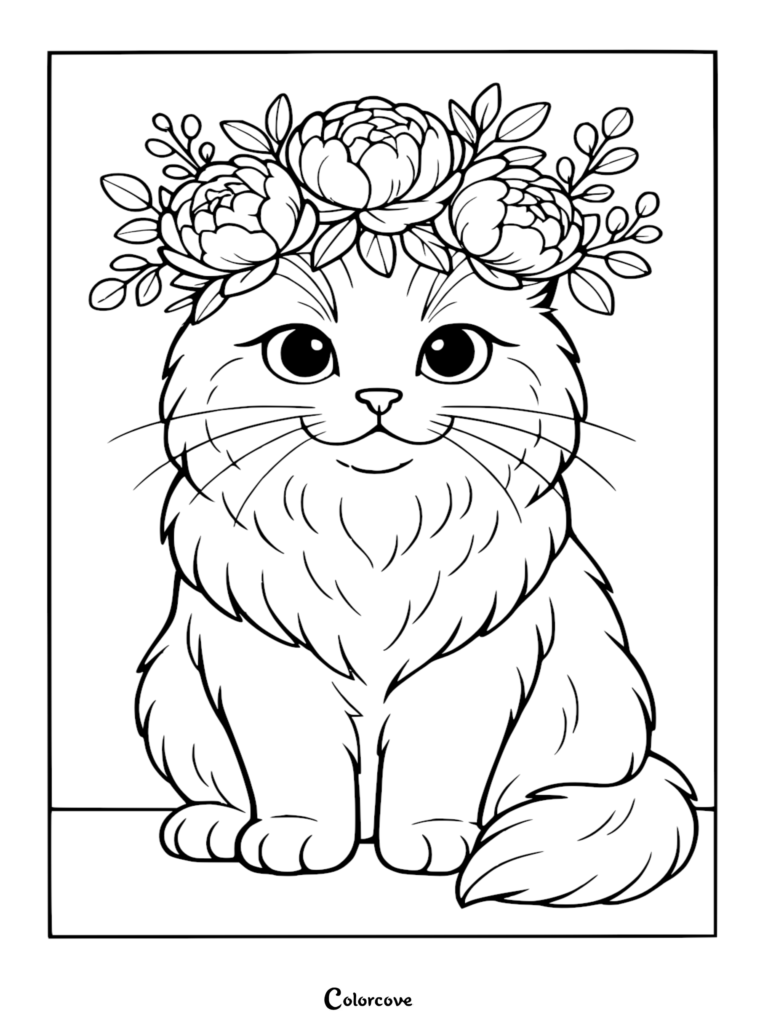 Un mignon chat Ragdoll portant une grande couronne de fleurs sur cette page de coloriage à imprimer.