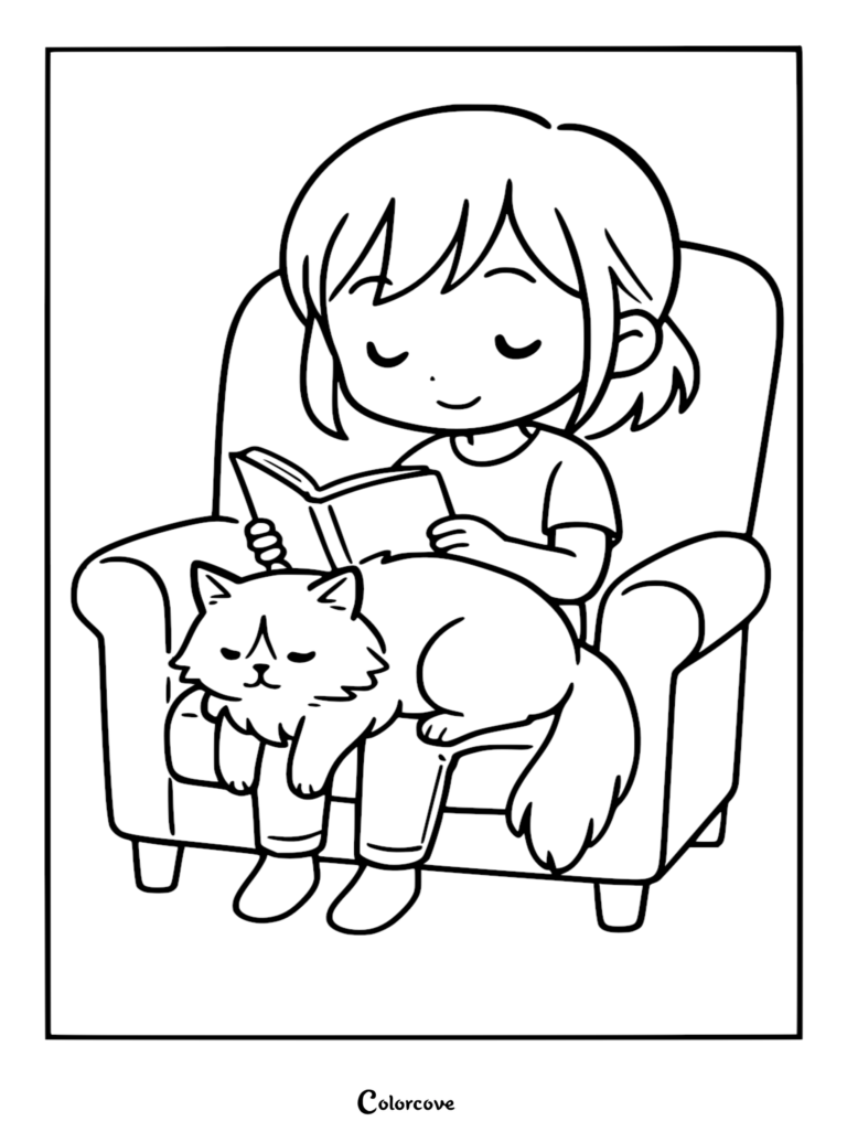 Une fille lisant un livre dans un fauteuil avec un Chat Ragdoll mignon endormi sur ses genoux sur cette page de coloriage à imprimer.