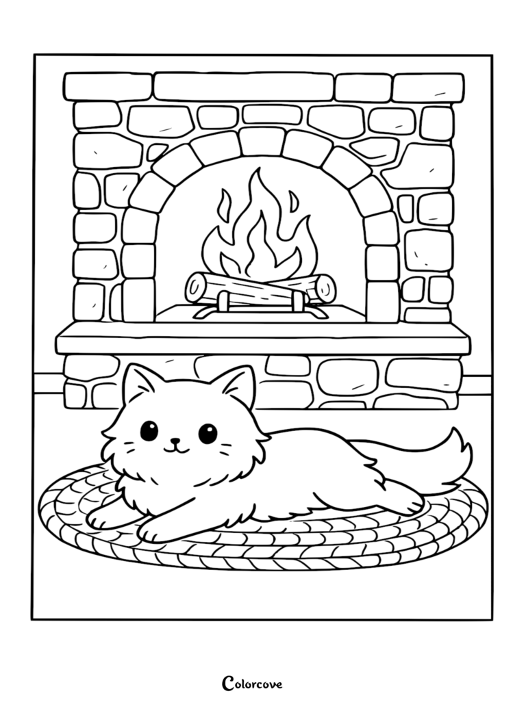 Page de coloriage d'un adorable chat Ragdoll reposant sur un tapis rond devant une cheminée en pierre