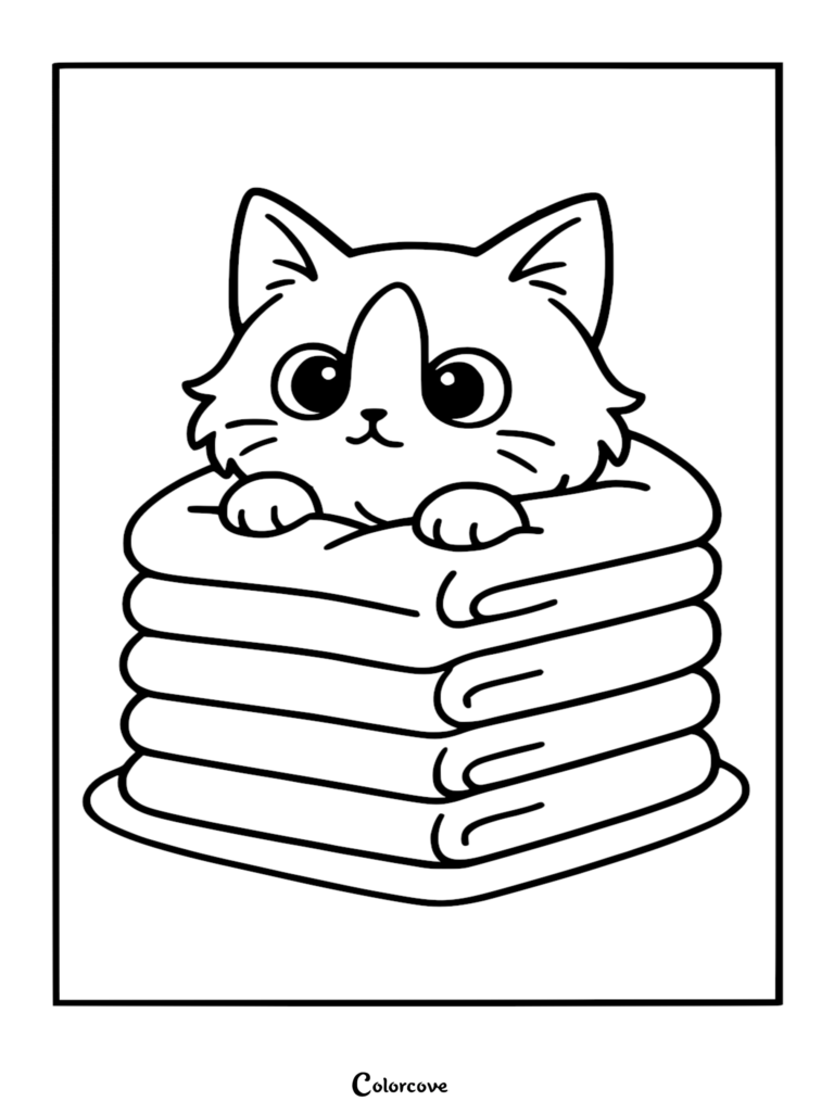 Un adorable chat Ragdoll qui regarde d'une pile de couvertures pliées dans cette page de coloriage gratuite à imprimer.