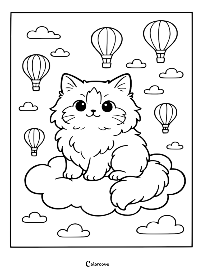 Mignon chat Ragdoll assis sur un nuage entouré de montgolfières sur cette page de coloriage à imprimer.