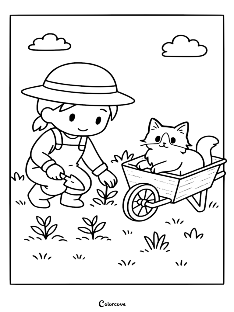 Un mignon chat Ragdoll assis dans une brouette en bois pendant qu'un jardinier s'occupe des plantes sur cette page de coloriage à imprimer.