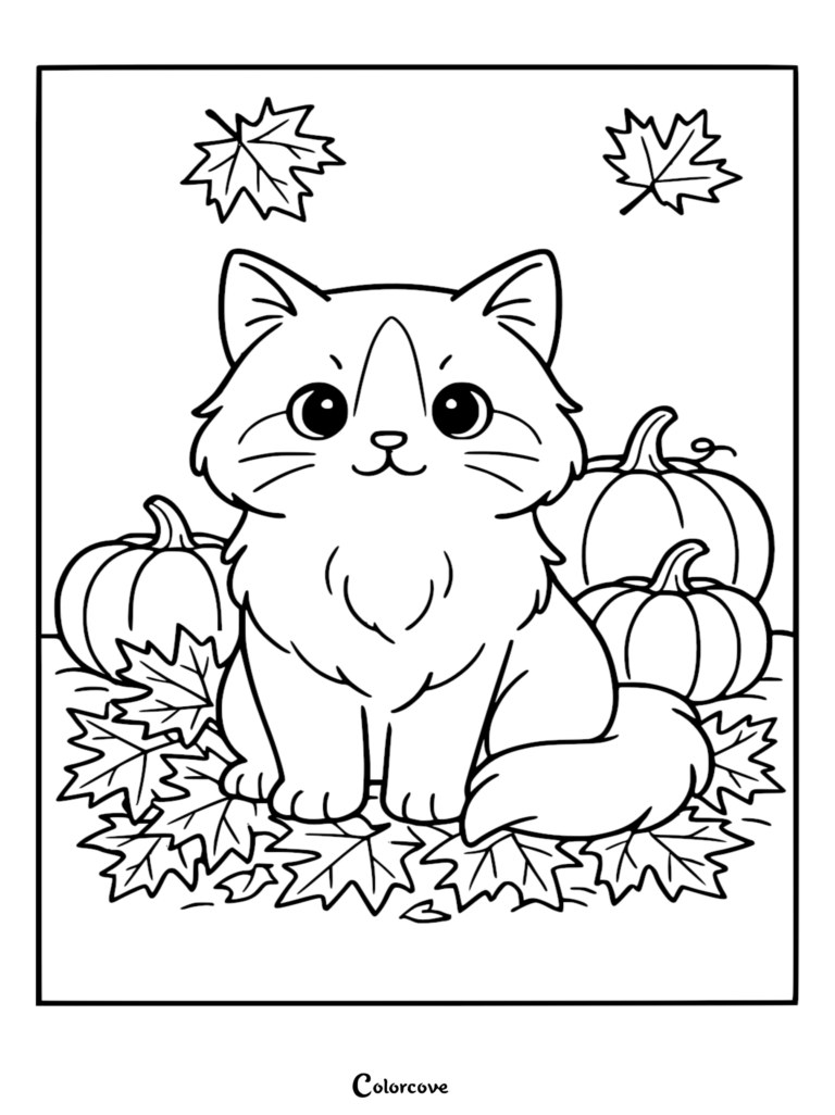 Mignon chat Ragdoll assis dans un tas de feuilles d'automne avec des citrouilles, page de coloriage à imprimer.