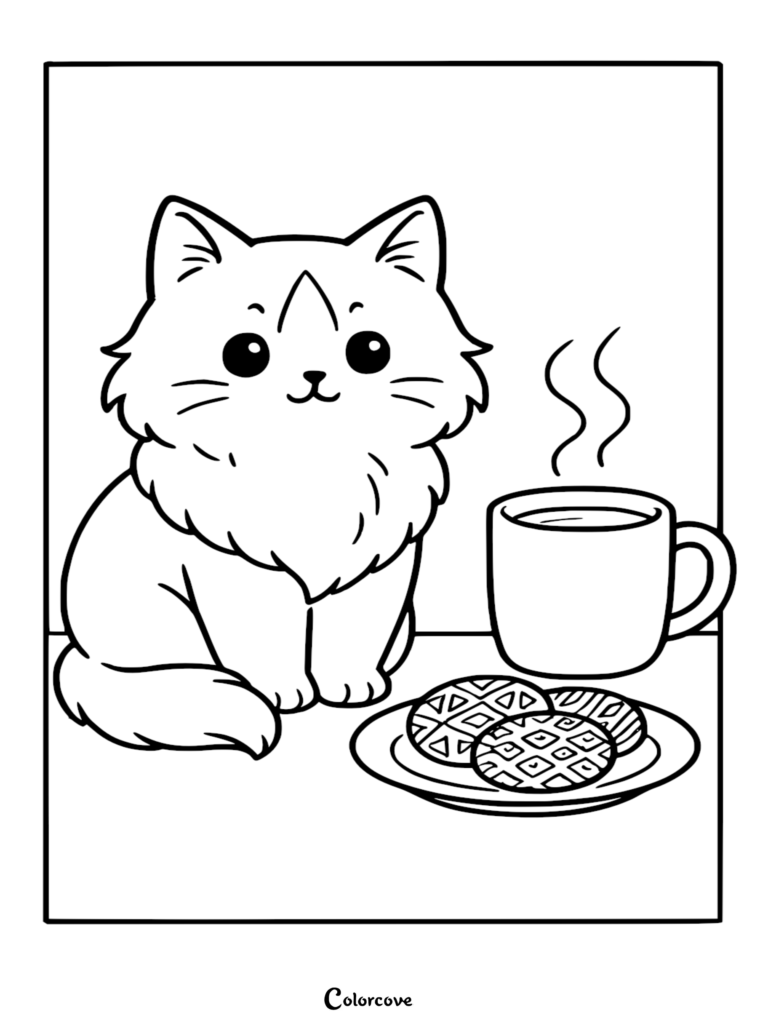 Page de coloriage d'un adorable chat Ragdoll représentant un chaton duveteux assis à côté d'une tasse de café fumante et d'une assiette de gaufres.