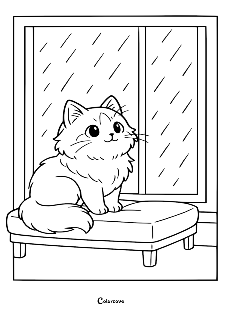 Page de coloriage d'un adorable chat Ragdoll assis sur un tabouret près d'une fenêtre pluvieuse