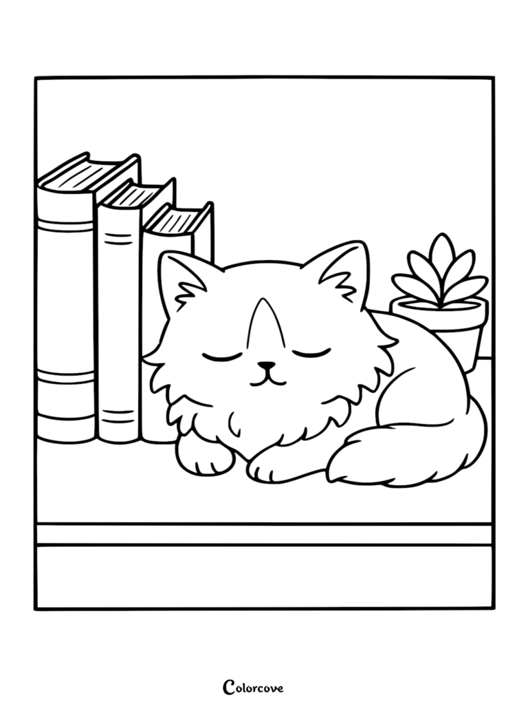 Un adorable chat Ragdoll dormant sur une étagère à côté de livres et d'une plante en pot dans cette page de coloriage gratuite à imprimer.