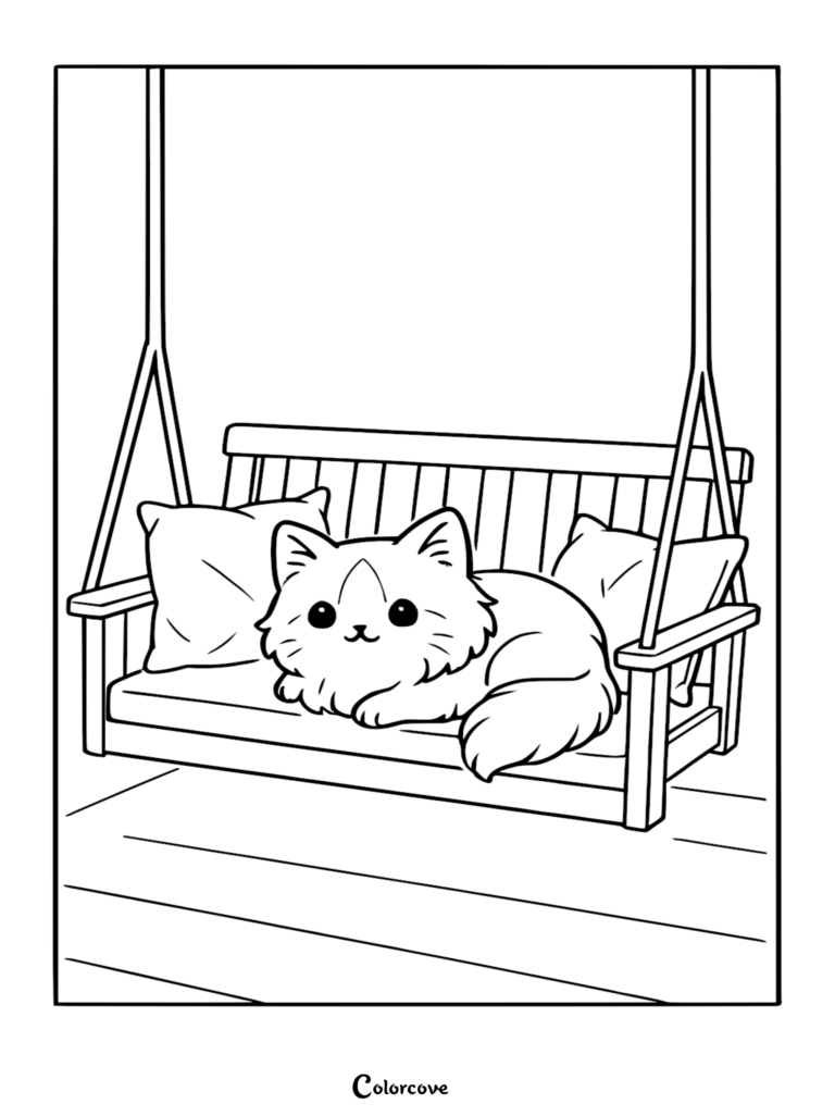 Un mignon chat Ragdoll se reposant sur une balancelle de porche avec des coussins sur cette page de coloriage gratuite à imprimer.