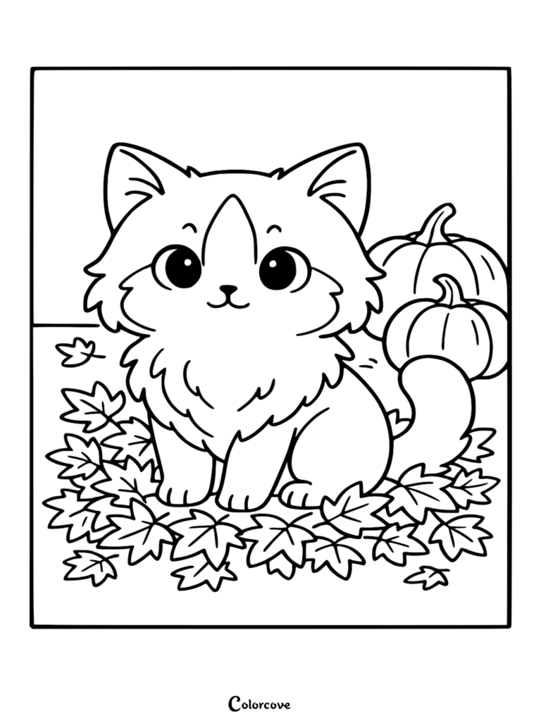 Un mignon chat Ragdoll assis dans un tas de feuilles d'automne à côté de citrouilles sur cette page de coloriage gratuite à imprimer.