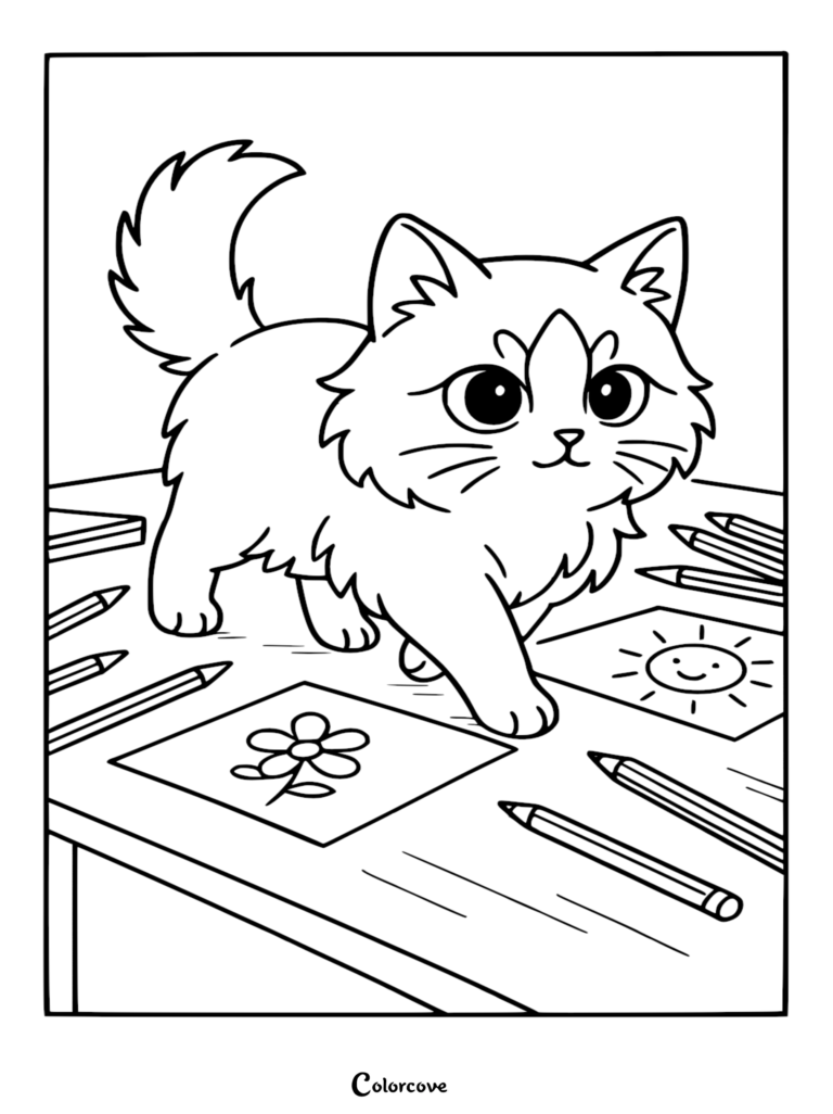 Un adorable chat Ragdoll marchant sur un bureau entouré de crayons de couleur et de dessins de fleurs et de soleil dans cette page de coloriage gratuite à imprimer.