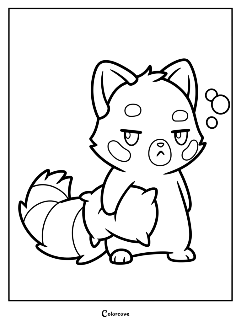 A sleepy red panda holding a small pillow in this printable coloring page with bubbles floating above its head.